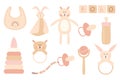 Set of children`s toys for newborns. Children`s boho style. Hand-drawn set of children`s toys