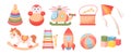 Set Of Children\'s Toys. Rocket, Doll, Pyramid, Rocking Horse, Helicopter And Drums On A White Background. Baby Toys Icons
