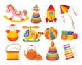 Set Of Children\'s Toys. Rocket, Doll, Pyramid, Rocking Horse, Helicopter And Drums On A White Background. Baby Toys Icons