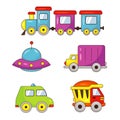 A set of children\'s toys transport. Cars, steam train, flying saucer