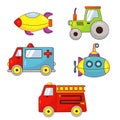 A set of children\'s toys transport. Cars, tractor, submarine, fire truck