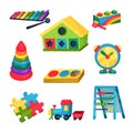 Set of children s toys. Xylophone, pyramid with rings, abacus, puzzles, clock, train, house with holes for geometric