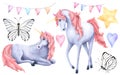 A set of children's watercolor illustrations with a magical unicorn, butterflies, flags and stars.