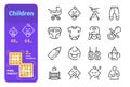 Set children simple lines icons of kid equipment.