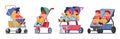 Set Of Children Sitting In Strollers Isolated On White Background. Cute Toddlers Boys And Girls Characters Sit In Prams