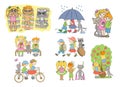 Set of children summer activities images. Kids on the beach, in the garden, travelling, riding bike, eating ice-cream Royalty Free Stock Photo