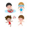 Set of children in a Swimming Pool, children for summer season. kids playing on the beach and swimming in the pool Royalty Free Stock Photo