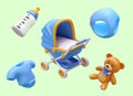 Set of children things for boy. 3D blue stroller, diaper, stuffed bear, bodysuit, feeding bottle