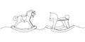 Set of children toy rocking horse one line art. Continuous line drawing of childhood, relax, rest, play, have fun, happy