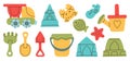 Set of children toys and molds for building sand castle flat design vector illustration, Game for children on beach. Royalty Free Stock Photo