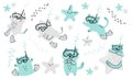 Set of children's vector illustrations. Cute cats swimming with underwater mask, cats scuba divers, starfish. Cute