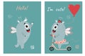 set of childrens cards with cute monsters. Joyful Boy and Monster Girl on a scooter with a tect - I m cute. Vector