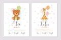 A set of childrens posters, height, weight, date of birth. Bear.Giraffe.