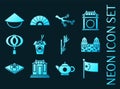 Set of China blue glowing neon icons.