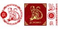 Set of Chinese characters zodiac elements, golden monkey. Traditional Chinese ornament in red circle. Zodiac animals collection. Royalty Free Stock Photo