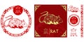 Set of Chinese characters zodiac elements, golden rat. Traditional Chinese ornament in red circle. Zodiac animals collection. Royalty Free Stock Photo