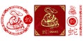 Set of Chinese characters zodiac elements, golden snake. Traditional Chinese ornament in red circle. Zodiac animals collection.