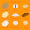 Set of chinese food flat design elements. Asian street food menu. Traditional dish Peking duck and tofu. Dumplings Royalty Free Stock Photo