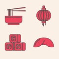 Set Chinese fortune cookie, Asian noodles in bowl and chopsticks, Japanese paper lantern and Sushi icon Royalty Free Stock Photo