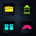 Set Chinese fortune cookie, Sushi, Geta traditional Japanese shoes and Japan Gate. Black square button. Vector