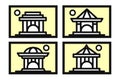 Set of Chinese house ancient temples traditional oriental buildings. Bold outline black Chinese house icon, flat vector simple ele