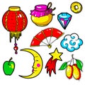 Set of Chinese New Year stickers, pins, patches in 80s-90s comic Royalty Free Stock Photo