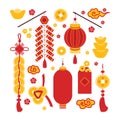 Set chinese New Year symbols good luck, prosperity and wealth isolated icons vector. Festival firecracker, paper flashlight, red