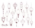 Set of Chinese paper street lanterns of different types and sizes hand drawn with contour lines. Bundle of traditional