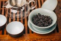 Set for Chinese tea ceremony, da hong pao oolong tea in gaiwan or tea-cup Royalty Free Stock Photo