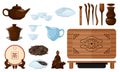 Set chinese tea ceremony on white background. Kit kettle, cups, puerh, scoop, gaiwan, chahai, chaban, chaju, needle, strainer, cha