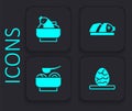 Set Chinese tea egg, Rice with fish bowl, Fish sliced pieces and Ramen soup icon. Black square button. Vector
