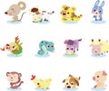 Set of Chinese zodiac 12 animal icon set, cartoon of Zodiac horoscope animal sign collection stickers, Vector illustration Royalty Free Stock Photo