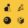 Set Chip for board game, Game dice, Billiard pool snooker ball and Dart arrow icon with long shadow. Vector