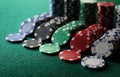Set of chips and cards on a green baize gambling casino Royalty Free Stock Photo