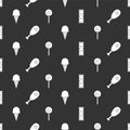 Set Chocolate bar, Chicken leg, Ice cream in waffle cone and Lollipop on seamless pattern. Vector