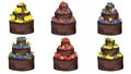 A set of chocolate cakes decorated with berries and fruits. Wedding, birthday, anniversary design.