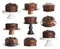 Set with chocolate cakes on white background Royalty Free Stock Photo