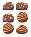 Set. Chocolate candies. Assorted brown dessert. In nuts and cream pattern. Delicious treats. Flat cartoon background