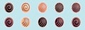 Set of chocolate candies cartoon icon design template with various models. vector illustration isolated on blue background Royalty Free Stock Photo