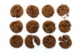 Set of chocolate chips cookies. Some broken and crumbs on white background