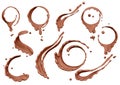 Set of chocolate or coffee waves or flow splashes, pouring twisted hot melted milk chocolate sauce or syrup, cocoa drink or cream Royalty Free Stock Photo