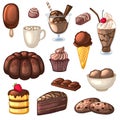 A set of chocolate desserts and drinks. Cakes, candy, cookies, milkshakes, ice cream and cocoa. Royalty Free Stock Photo