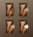 Set of Chocolate Ice Cream Waffle Cone with Brown Foil Royalty Free Stock Photo