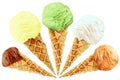 Set of chocolate, lemon, pistachio,vanilla, caramel ice cream in a waffle cone, watercolor Royalty Free Stock Photo