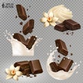 Set of chocolate pieces falling into a realistic milk splash. Vanilla chocolate. Natural dessert from whipped cream. 3d realistic Royalty Free Stock Photo