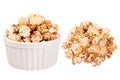 Set of chocolate popcorn as heap and in ceramics bowl isolated on white background. Royalty Free Stock Photo