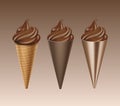 Set of Chocolate Soft Serve Ice Cream Waffle Cone Isolated