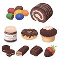 A set of chocolate sweets. Chocolate products for people. Chocolate desserts icon in set collection on cartoon style Royalty Free Stock Photo