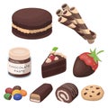 A set of chocolate sweets. Chocolate products for people. Chocolate desserts icon in set collection on cartoon style Royalty Free Stock Photo