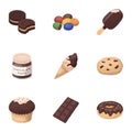 A set of chocolate sweets. Chocolate products for people. Chocolate desserts icon in set collection on cartoon style Royalty Free Stock Photo